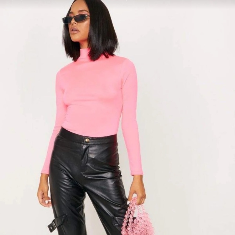 Prettylittlething Neon pink long sleeve body suit